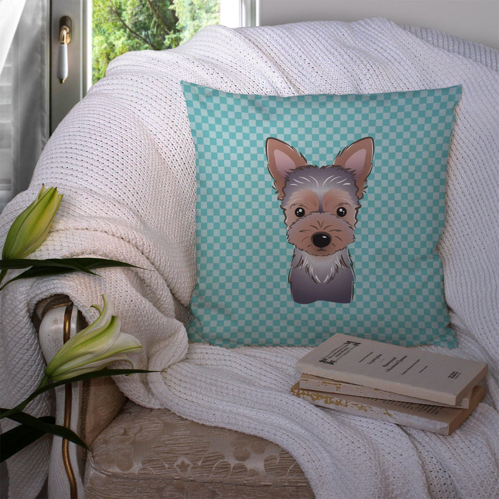 Checkerboard Blue Yorkie Puppy Decorative Throw Pillow 14x14 Indoor Outdoor Accent Cushion, Fabric Cover with Insert for Sofa, Bed, Porch & Living Room