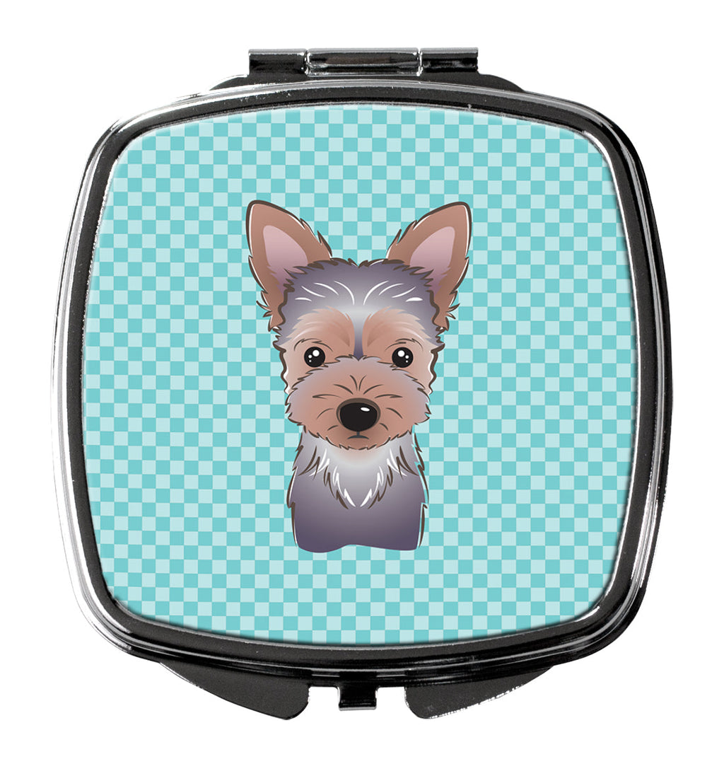 Checkerboard Blue Yorkie Puppy Compact Mirror Decorative Travel Makeup Mirror for Women Girls Gifts Pocket Makeup Mirror Folding Handheld