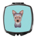 Checkerboard Blue Yorkie Puppy Compact Mirror Decorative Travel Makeup Mirror for Women Girls Gifts Pocket Makeup Mirror Folding Handheld