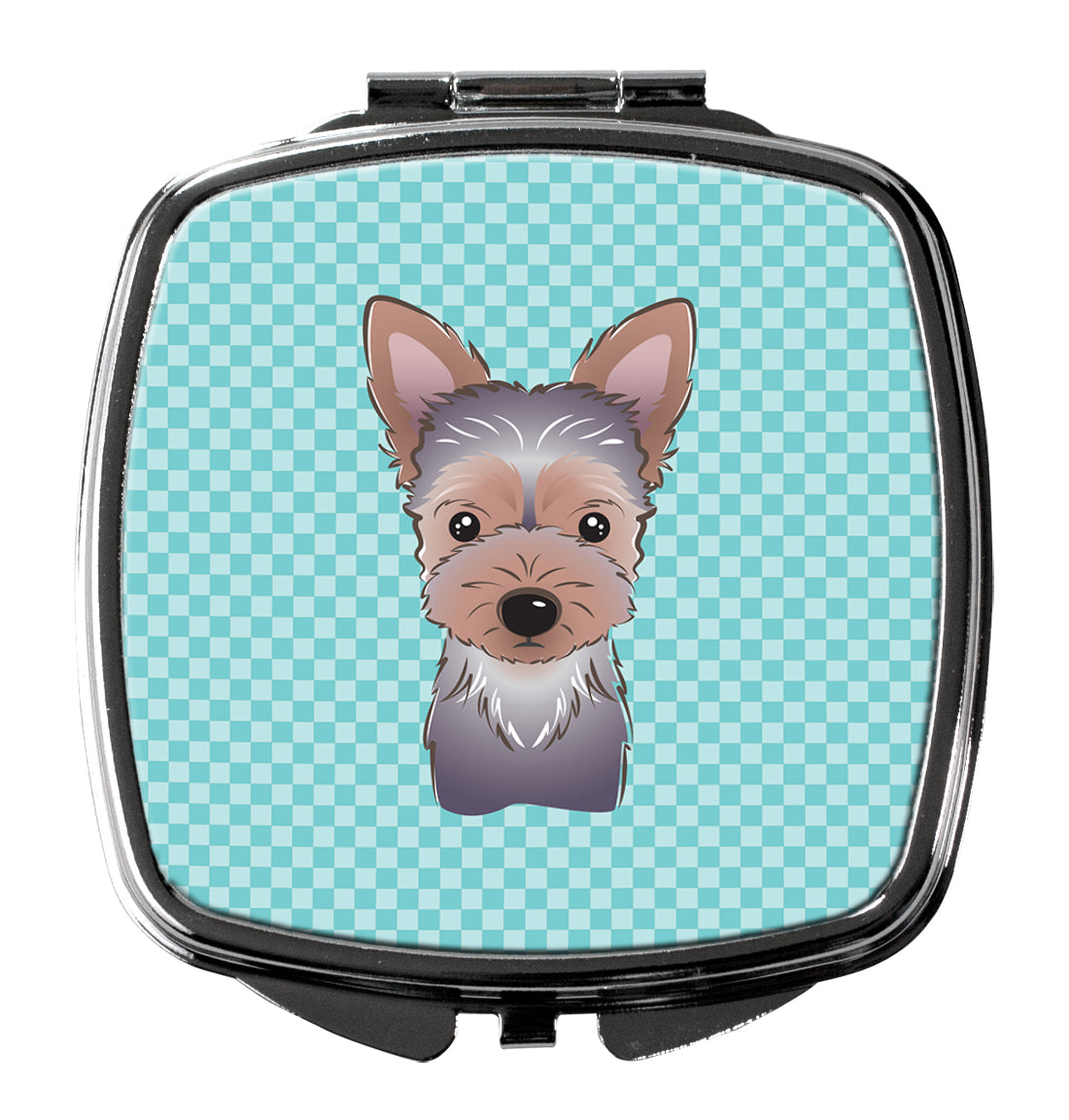 Checkerboard Blue Yorkie Puppy Compact Mirror Decorative Travel Makeup Mirror for Women Girls Gifts Pocket Makeup Mirror Folding Handheld