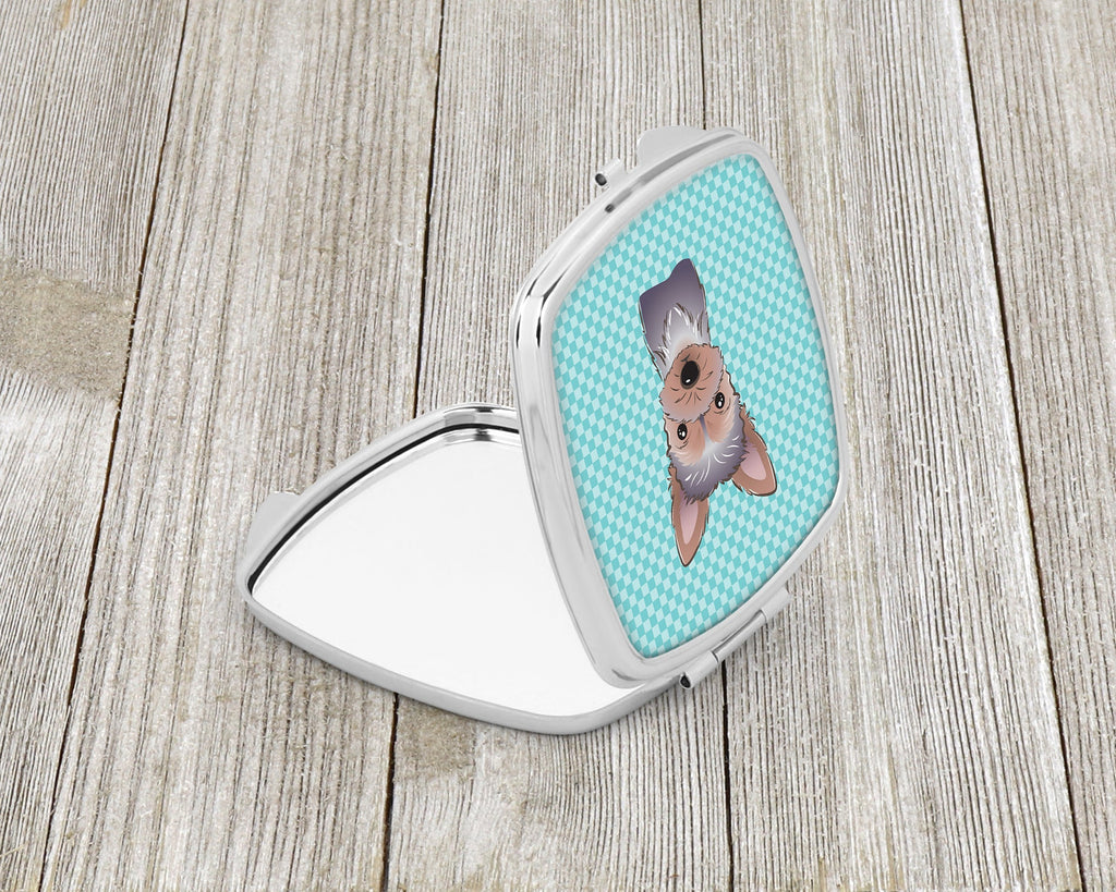 Checkerboard Blue Yorkie Puppy Compact Mirror Decorative Travel Makeup Mirror for Women Girls Gifts Pocket Makeup Mirror Folding Handheld