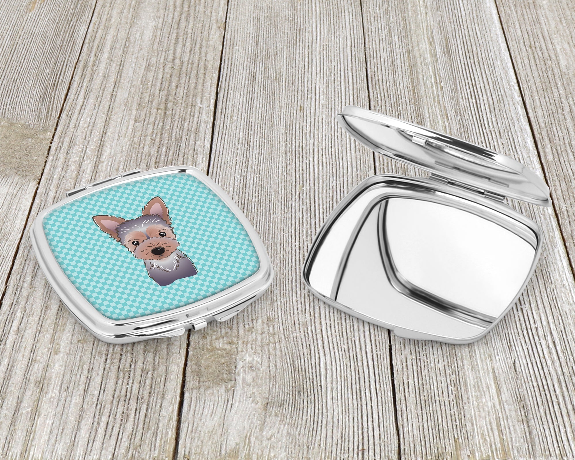 Checkerboard Blue Yorkie Puppy Compact Mirror Decorative Travel Makeup Mirror for Women Girls Gifts Pocket Makeup Mirror Folding Handheld
