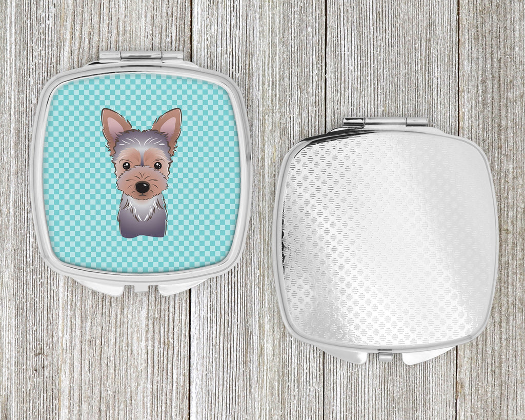 Checkerboard Blue Yorkie Puppy Compact Mirror Decorative Travel Makeup Mirror for Women Girls Gifts Pocket Makeup Mirror Folding Handheld