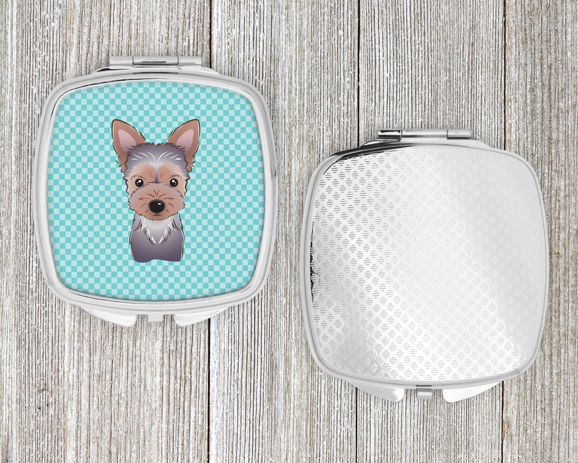 Checkerboard Blue Yorkie Puppy Compact Mirror Decorative Travel Makeup Mirror for Women Girls Gifts Pocket Makeup Mirror Folding Handheld