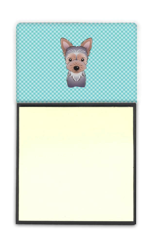 Checkerboard Blue Yorkie Puppy Watercolor Sticky Note Holder Refillable Dispenser Desk Accessory 3x3 Pad Gift