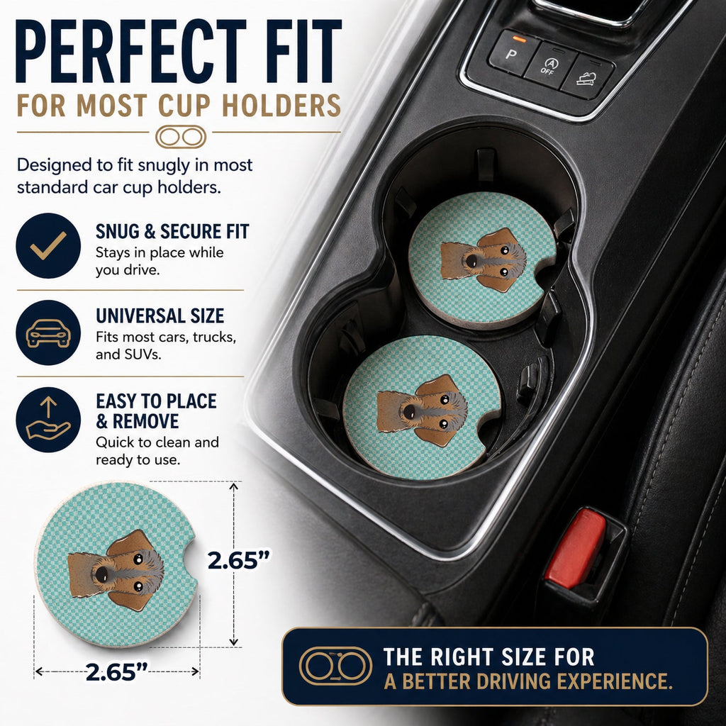 Checkerboard Blue Wirehaired Dachshund Set of 2 Cup Holder Car Coasters Absorbent Round Sandstone Coasters Gifts for Men or Women, 2.5, Multicolor