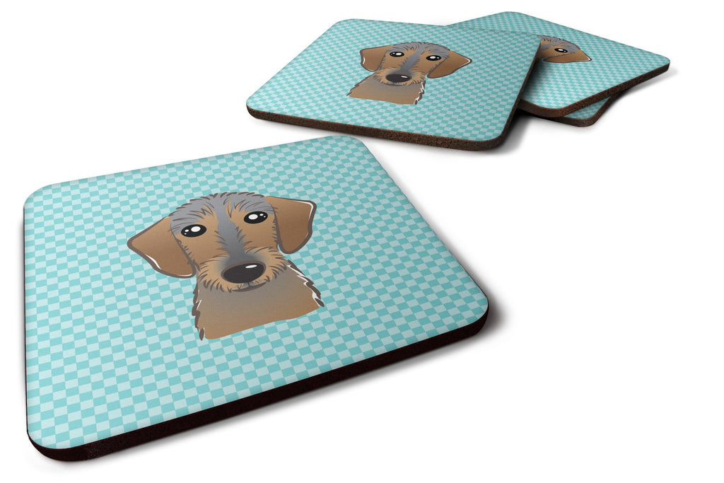 Checkerboard Blue Wirehaired Dachshund Foam Coasters Set of 4 Cup Coasters for Indoor Outdoor, Tabletop Protection, Anti Slip, Mouse pad Material