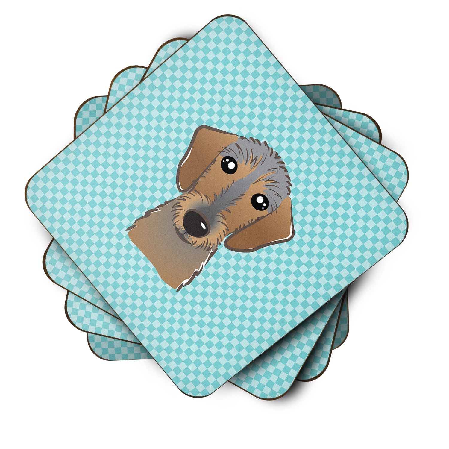 Checkerboard Blue Wirehaired Dachshund Foam Coasters Set of 4 Cup Coasters for Indoor Outdoor, Tabletop Protection, Anti Slip, Mouse pad Material