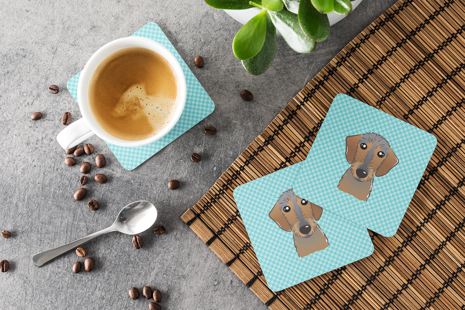 Checkerboard Blue Wirehaired Dachshund Foam Coasters Set of 4 Cup Coasters for Indoor Outdoor, Tabletop Protection, Anti Slip, Mouse pad Material