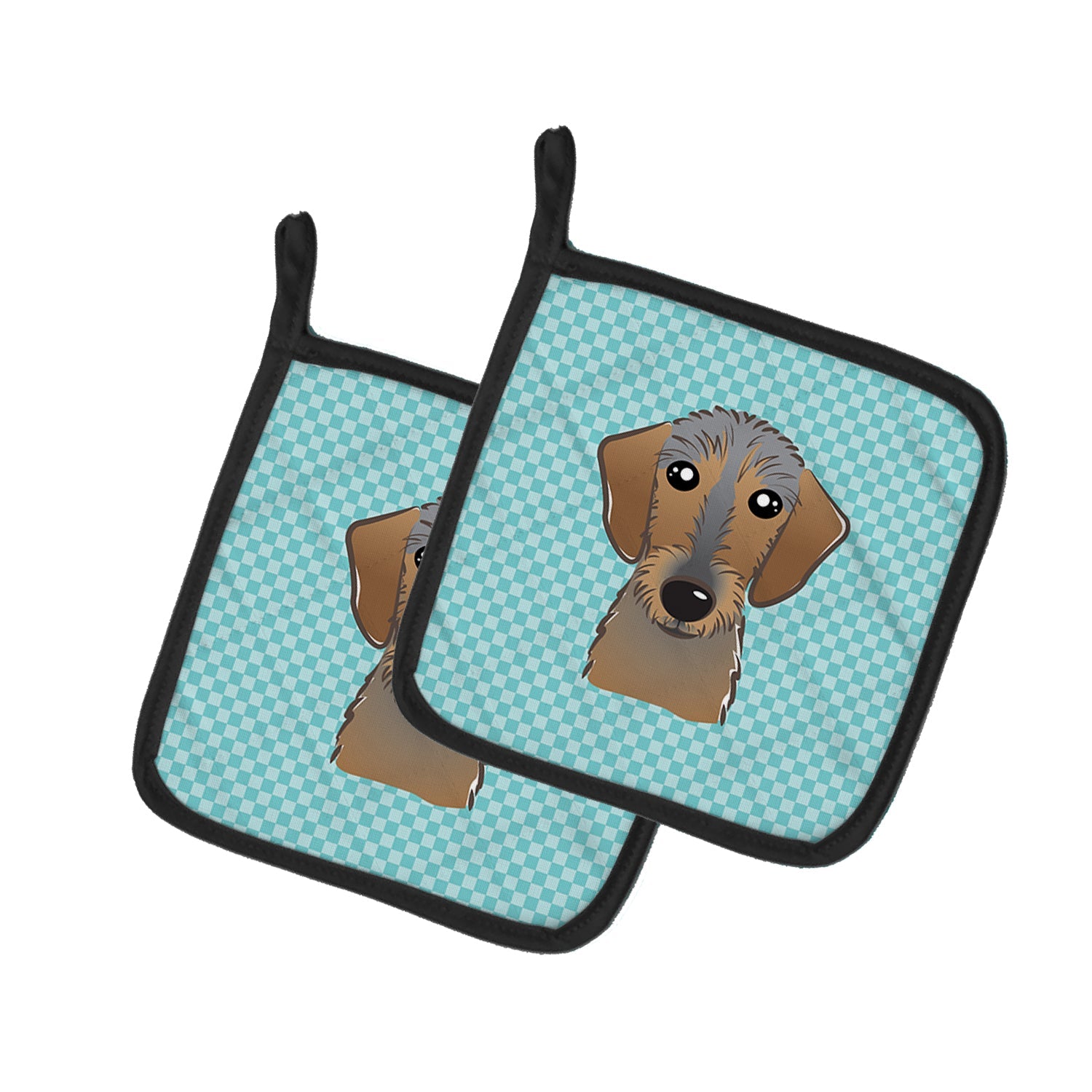 Checkerboard Blue Wirehaired Dachshund Pot Holder Set of 2 Heat Resistant Quilted Hot Pads 7.5 x 7.5 Inch, Insulated Kitchen Trivets for Cooking & Baking