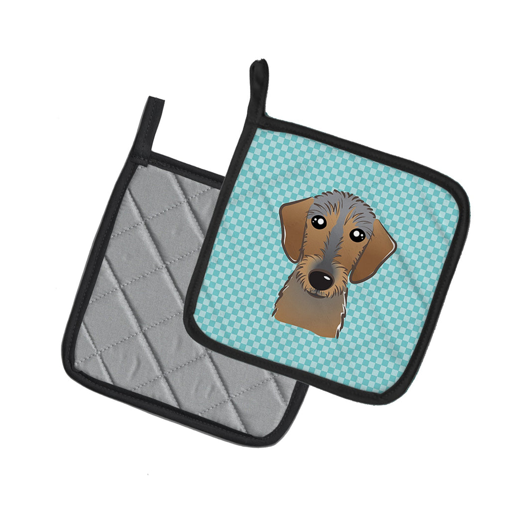 Checkerboard Blue Wirehaired Dachshund Pot Holder Set of 2 Heat Resistant Quilted Hot Pads 7.5 x 7.5 Inch, Insulated Kitchen Trivets for Cooking & Baking