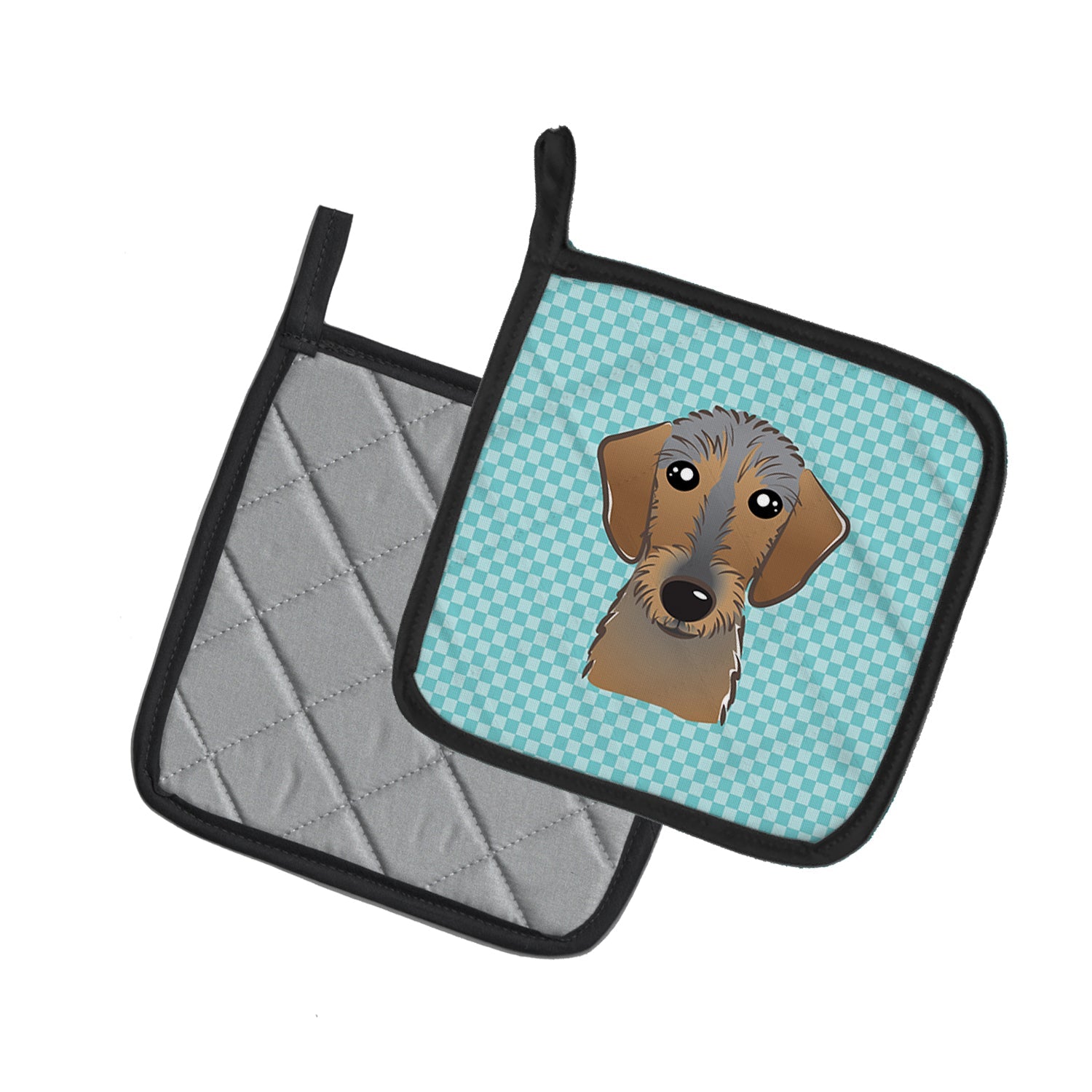 Checkerboard Blue Wirehaired Dachshund Pot Holder Set of 2 Heat Resistant Quilted Hot Pads 7.5 x 7.5 Inch, Insulated Kitchen Trivets for Cooking & Baking