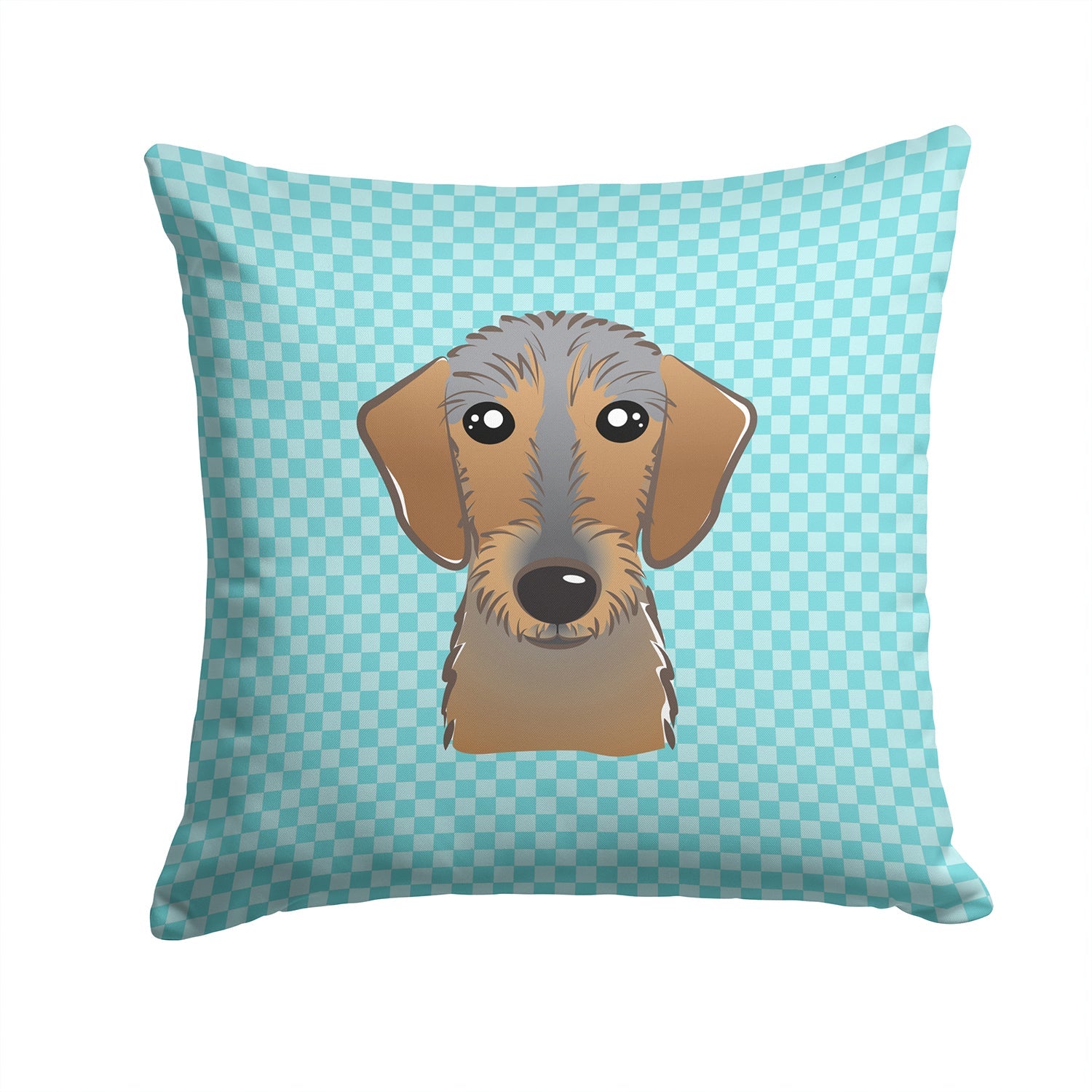 Checkerboard Blue Wirehaired Dachshund Decorative Throw Pillow 14x14 Indoor Outdoor Accent Cushion, Fabric Cover with Insert for Sofa, Bed, Porch & Living Room