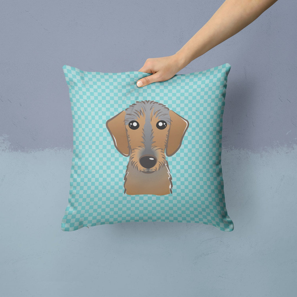 Checkerboard Blue Wirehaired Dachshund Decorative Throw Pillow 14x14 Indoor Outdoor Accent Cushion, Fabric Cover with Insert for Sofa, Bed, Porch & Living Room