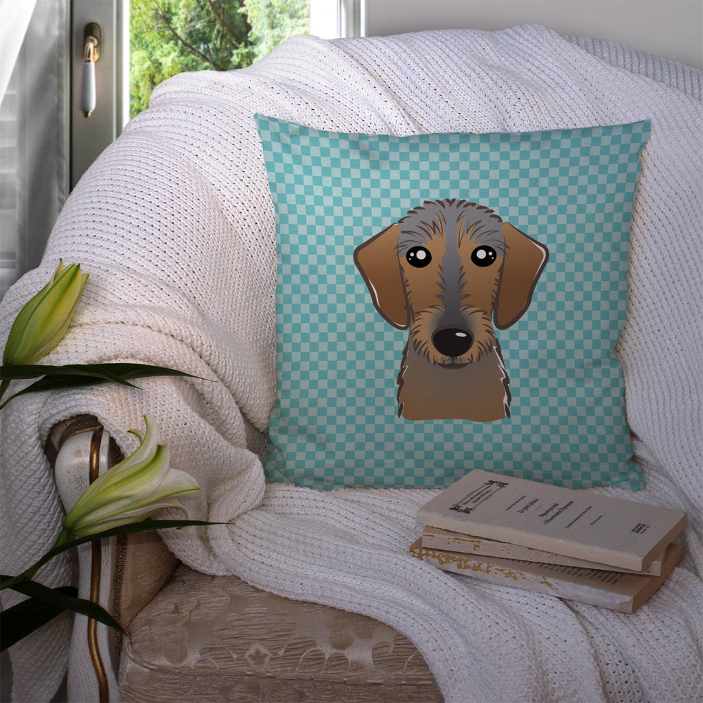 Checkerboard Blue Wirehaired Dachshund Decorative Throw Pillow 14x14 Indoor Outdoor Accent Cushion, Fabric Cover with Insert for Sofa, Bed, Porch & Living Room