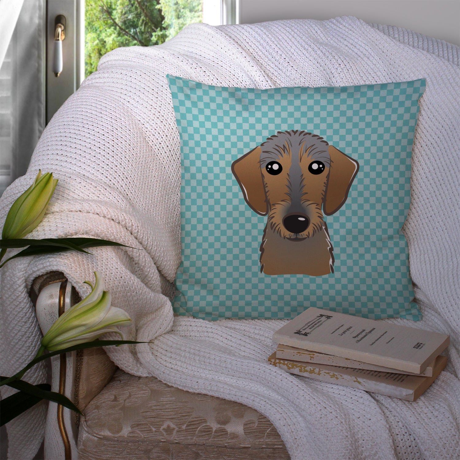 Checkerboard Blue Wirehaired Dachshund Decorative Throw Pillow 14x14 Indoor Outdoor Accent Cushion, Fabric Cover with Insert for Sofa, Bed, Porch & Living Room