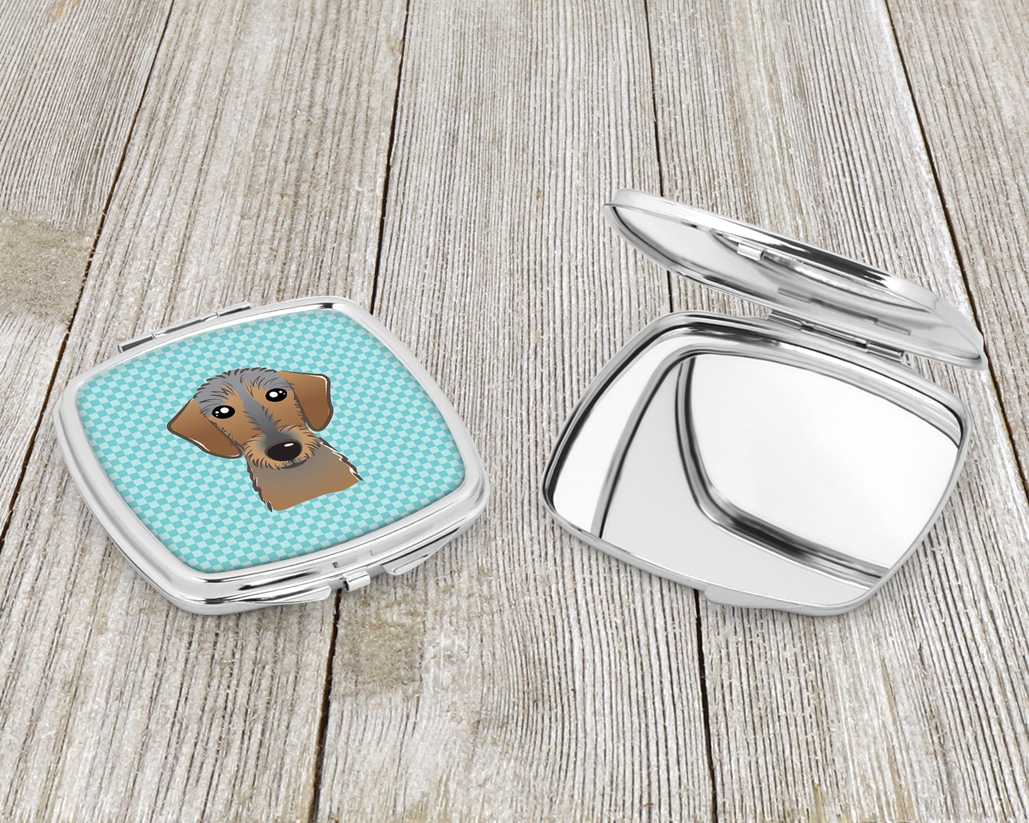 Checkerboard Blue Wirehaired Dachshund Compact Mirror Decorative Travel Makeup Mirror for Women Girls Gifts Pocket Makeup Mirror Folding Handheld