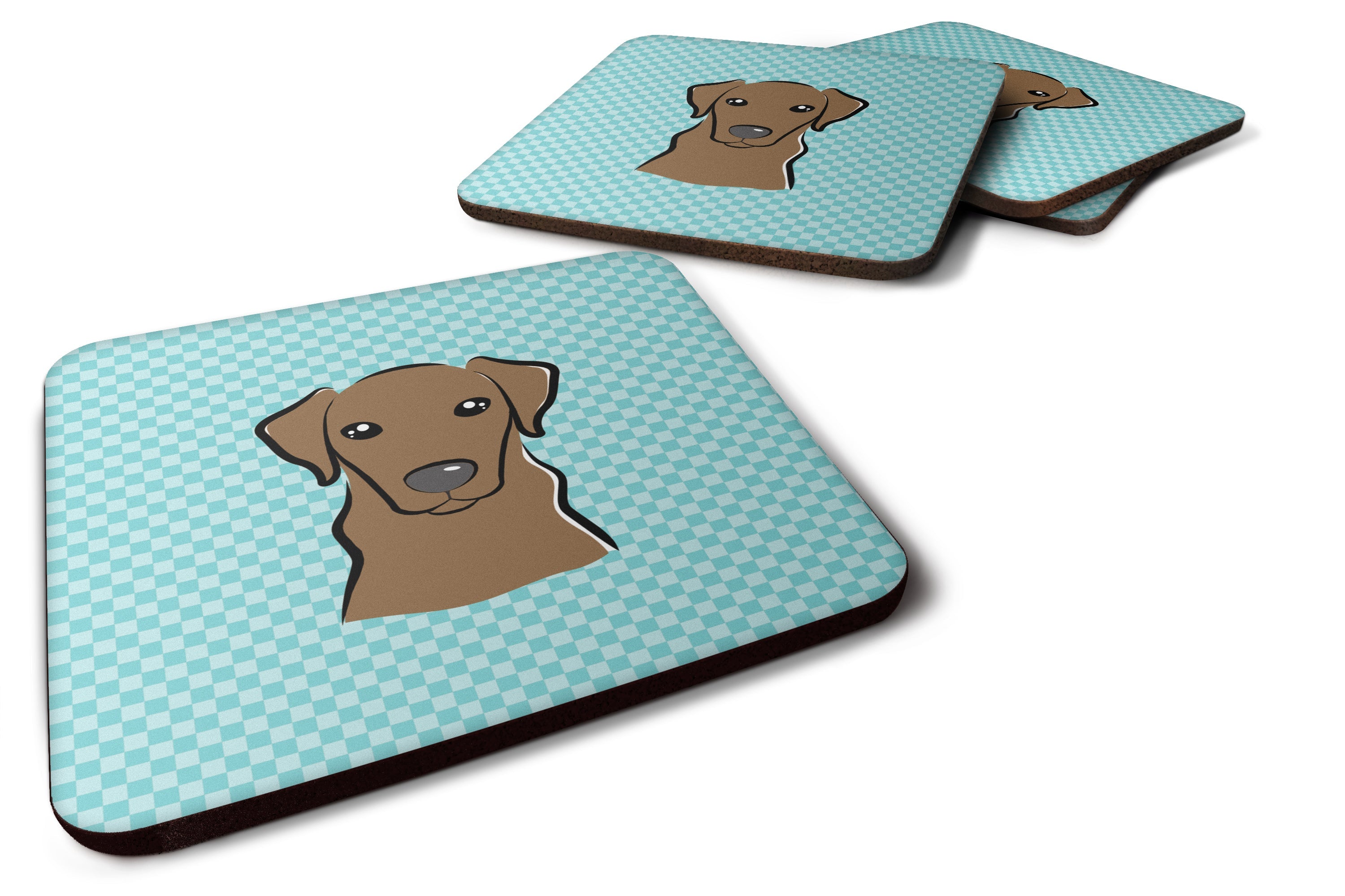 Checkerboard Blue Chocolate Labrador Foam Coasters Set of 4 Cup Coasters for Indoor Outdoor, Tabletop Protection, Anti Slip, Mouse pad Material