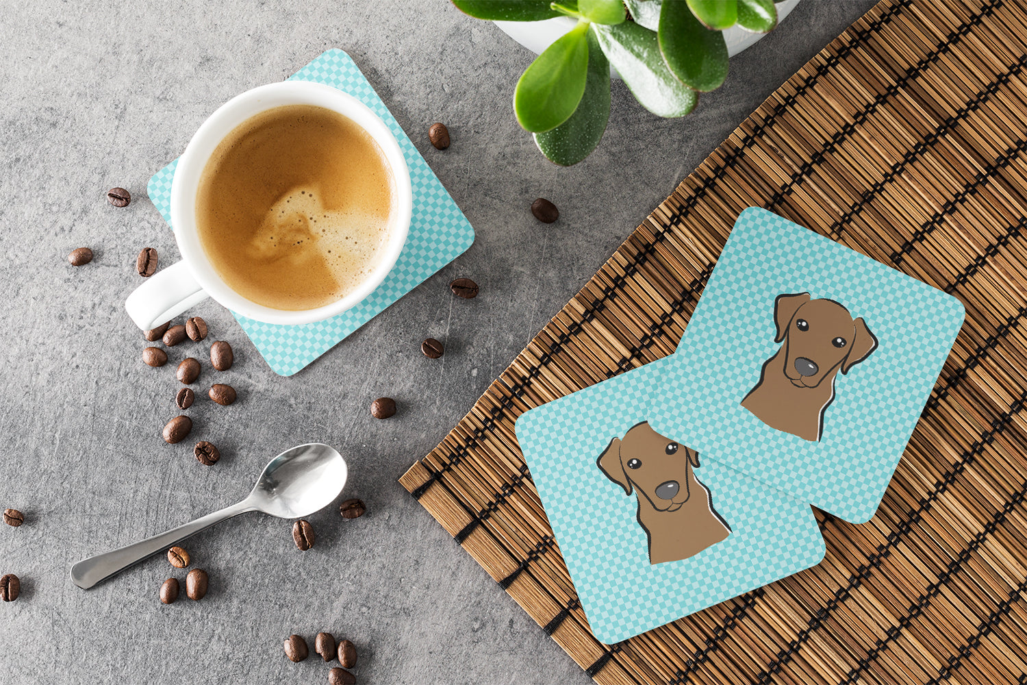 Checkerboard Blue Chocolate Labrador Foam Coasters Set of 4 Cup Coasters for Indoor Outdoor, Tabletop Protection, Anti Slip, Mouse pad Material