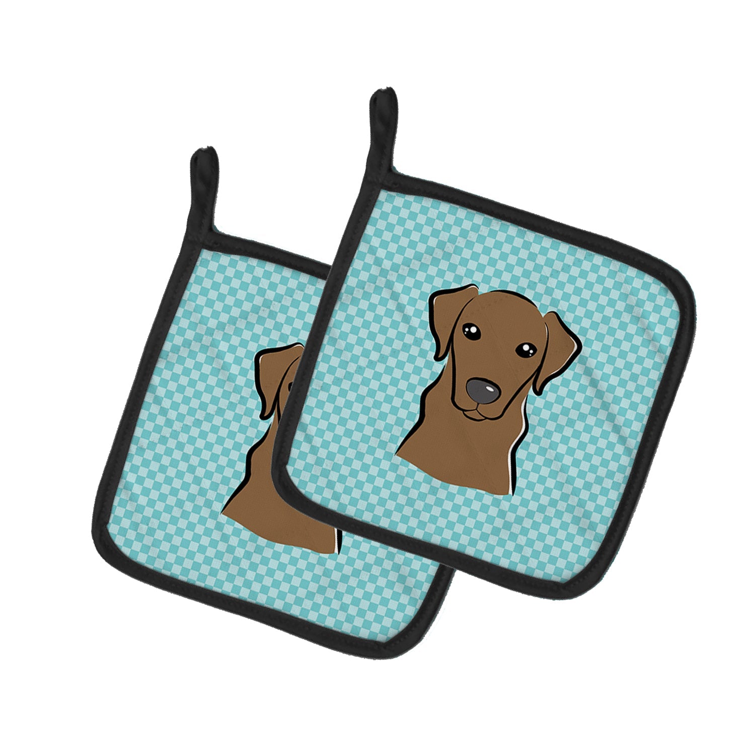 Checkerboard Blue Chocolate Labrador Pot Holder Set of 2 Heat Resistant Quilted Hot Pads 7.5 x 7.5 Inch, Insulated Kitchen Trivets for Cooking & Baking