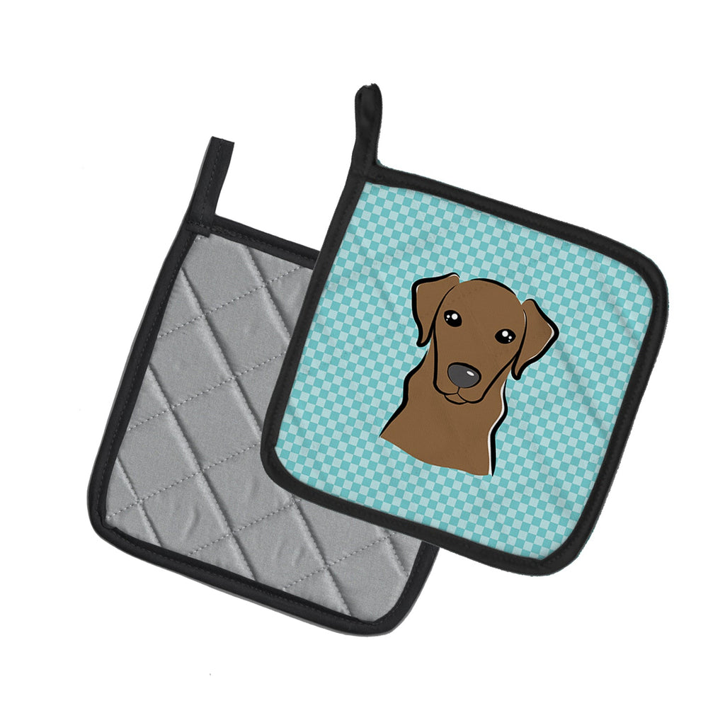 Checkerboard Blue Chocolate Labrador Pot Holder Set of 2 Heat Resistant Quilted Hot Pads 7.5 x 7.5 Inch, Insulated Kitchen Trivets for Cooking & Baking