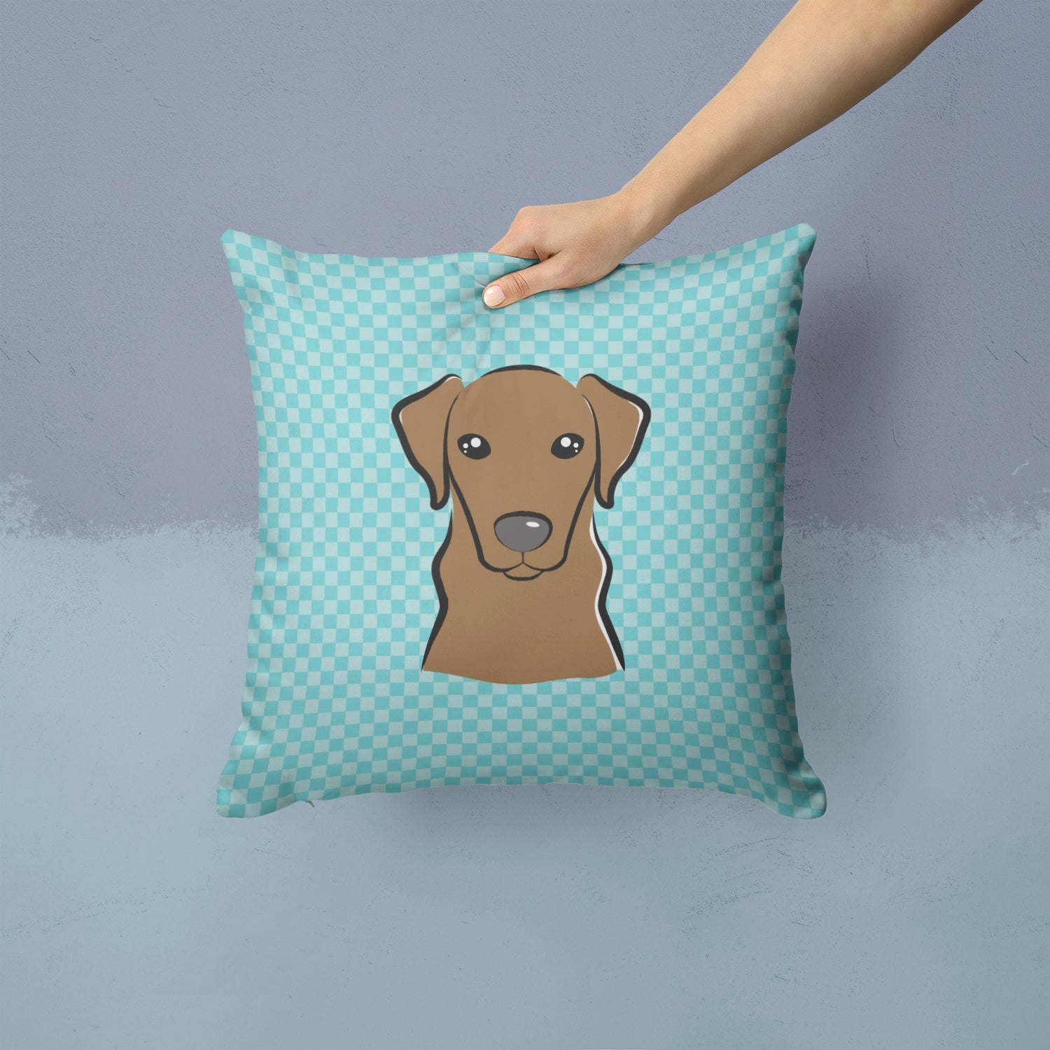 Checkerboard Blue Chocolate Labrador Decorative Throw Pillow 14x14 Indoor Outdoor Accent Cushion, Fabric Cover with Insert for Sofa, Bed, Porch & Living Room