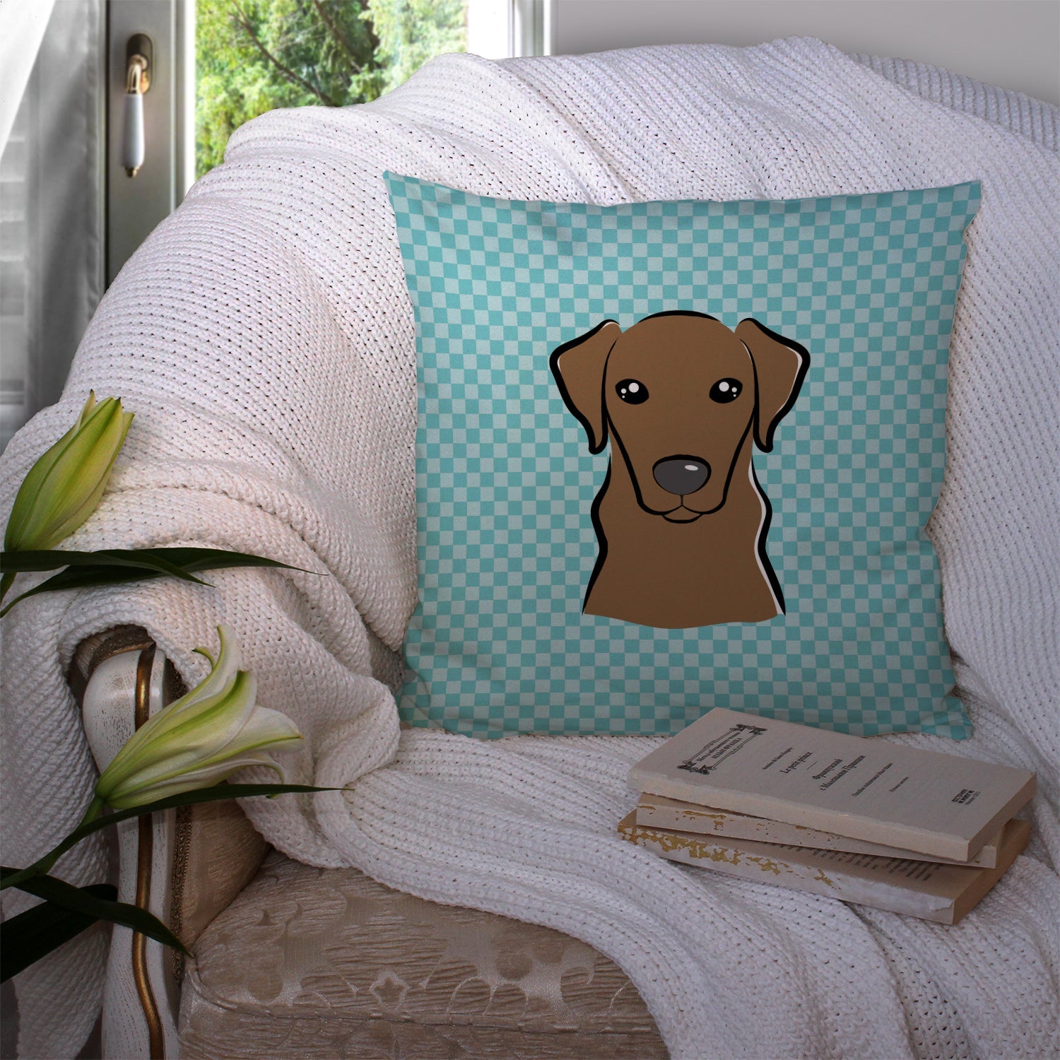 Checkerboard Blue Chocolate Labrador Decorative Throw Pillow 14x14 Indoor Outdoor Accent Cushion, Fabric Cover with Insert for Sofa, Bed, Porch & Living Room