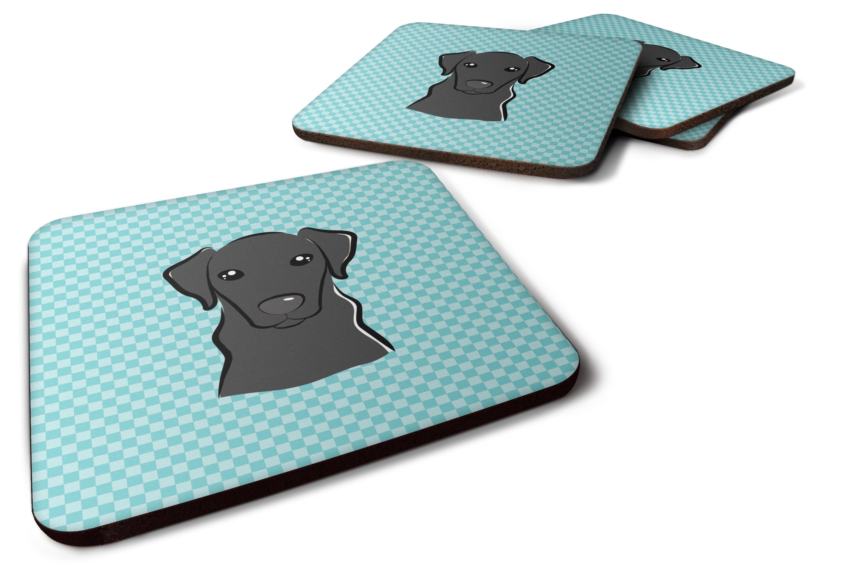Checkerboard Blue Black Labrador Foam Coasters Set of 4 Cup Coasters for Indoor Outdoor, Tabletop Protection, Anti Slip, Mouse pad Material