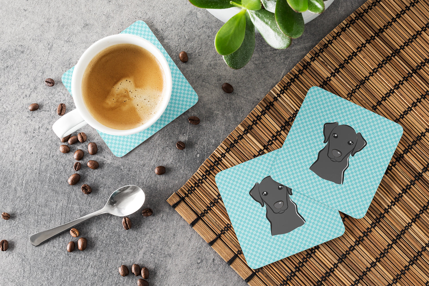 Checkerboard Blue Black Labrador Foam Coasters Set of 4 Cup Coasters for Indoor Outdoor, Tabletop Protection, Anti Slip, Mouse pad Material