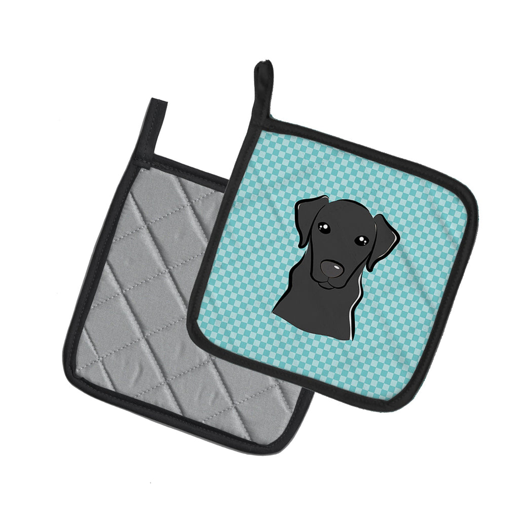 Checkerboard Blue Black Labrador Pot Holder Set of 2 Heat Resistant Quilted Hot Pads 7.5 x 7.5 Inch, Insulated Kitchen Trivets for Cooking & Baking