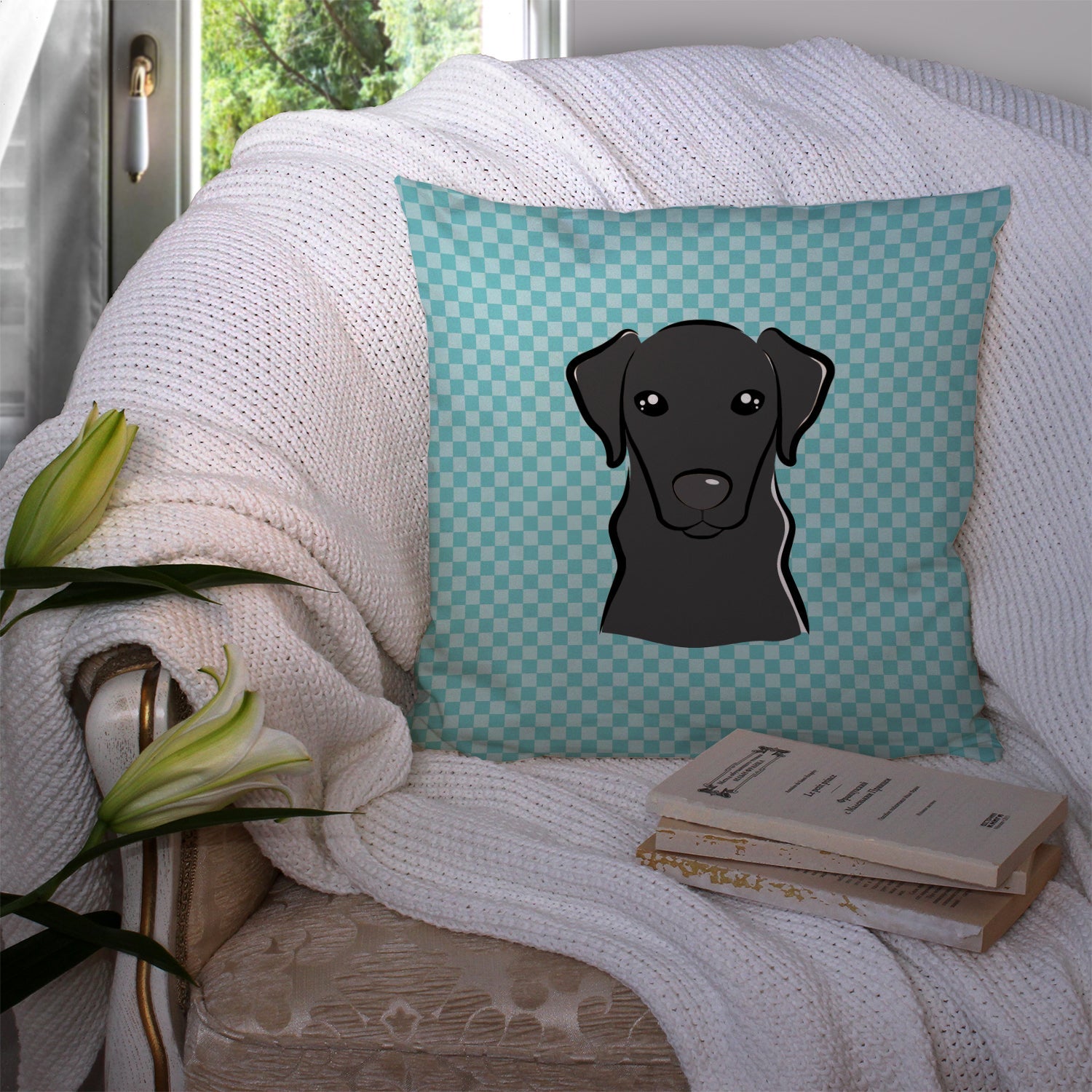 Checkerboard Blue Black Labrador Decorative Throw Pillow 14x14 Indoor Outdoor Accent Cushion, Fabric Cover with Insert for Sofa, Bed, Porch & Living Room