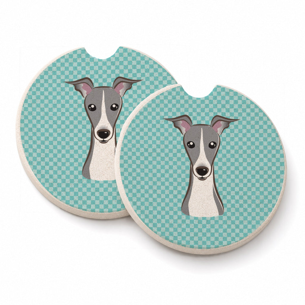 Checkerboard Blue Italian Greyhound Set of 2 Cup Holder Car Coasters Absorbent Round Sandstone Coasters Gifts for Men or Women, 2.5, Multicolor
