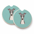 Checkerboard Blue Italian Greyhound Set of 2 Cup Holder Car Coasters Absorbent Round Sandstone Coasters Gifts for Men or Women, 2.5, Multicolor