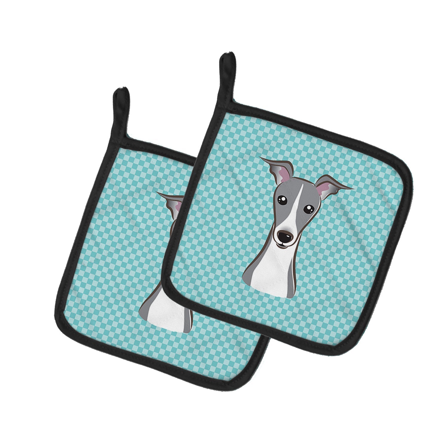 Checkerboard Blue Italian Greyhound Pot Holder Set of 2 Heat Resistant Quilted Hot Pads 7.5 x 7.5 Inch, Insulated Kitchen Trivets for Cooking & Baking