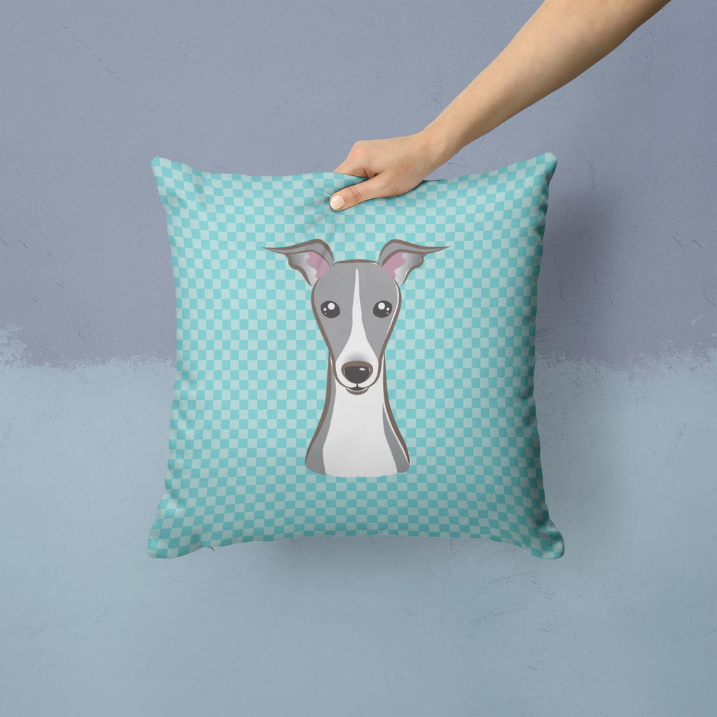 Checkerboard Blue Italian Greyhound Decorative Throw Pillow 14x14 Indoor Outdoor Accent Cushion, Fabric Cover with Insert for Sofa, Bed, Porch & Living Room