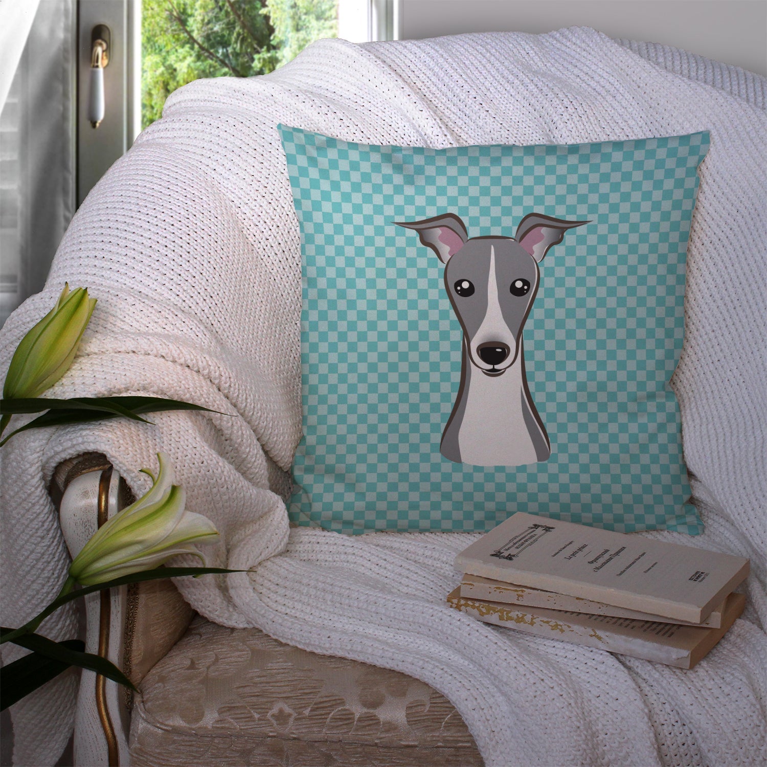Checkerboard Blue Italian Greyhound Decorative Throw Pillow 14x14 Indoor Outdoor Accent Cushion, Fabric Cover with Insert for Sofa, Bed, Porch & Living Room