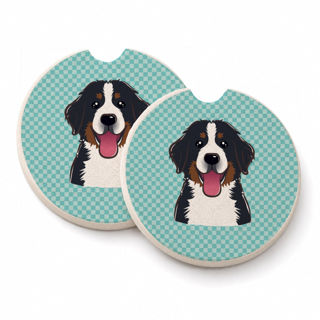Checkerboard Blue Bernese Mountain Dog Set of 2 Cup Holder Car Coasters Absorbent Round Sandstone Coasters Gifts for Men or Women, 2.5, Multicolor
