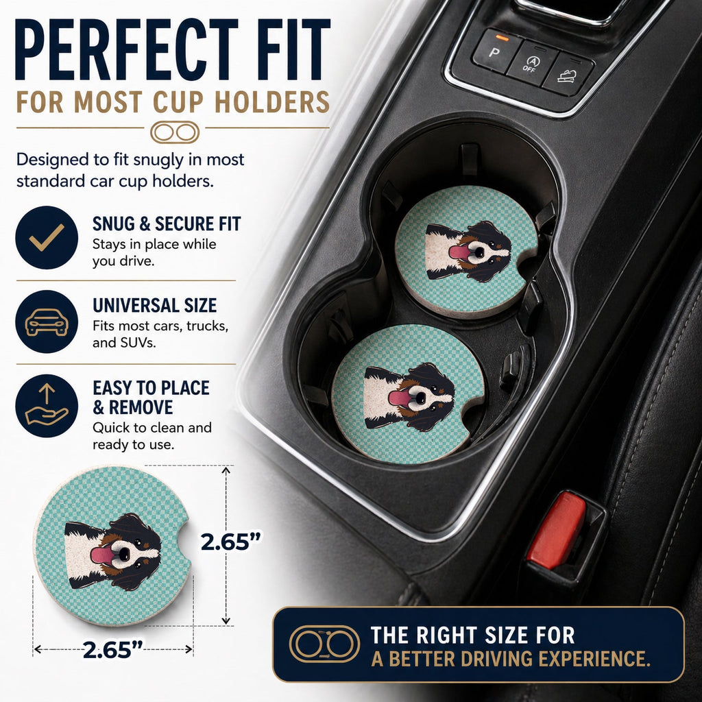 Checkerboard Blue Bernese Mountain Dog Set of 2 Cup Holder Car Coasters Absorbent Round Sandstone Coasters Gifts for Men or Women, 2.5, Multicolor