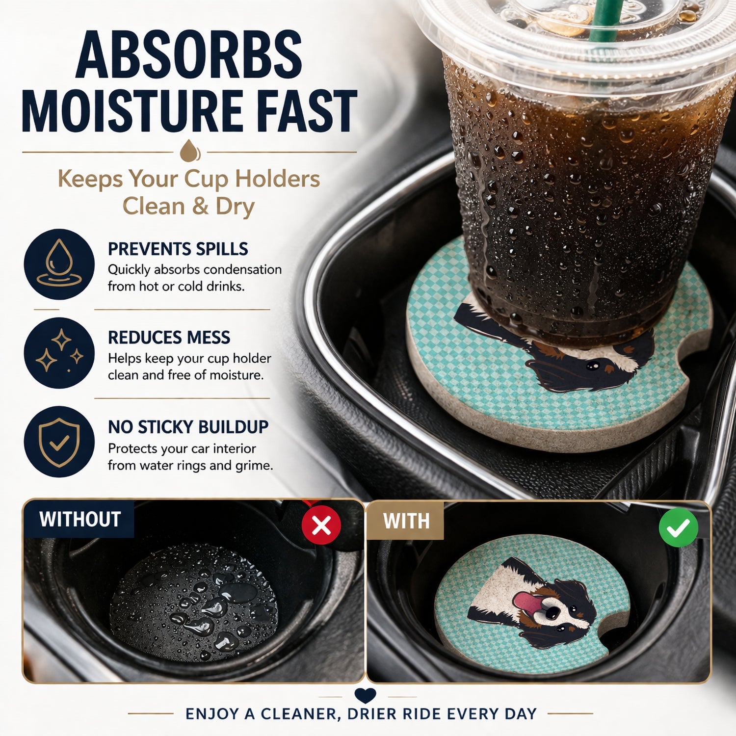 Checkerboard Blue Bernese Mountain Dog Set of 2 Cup Holder Car Coasters Absorbent Round Sandstone Coasters Gifts for Men or Women, 2.5, Multicolor