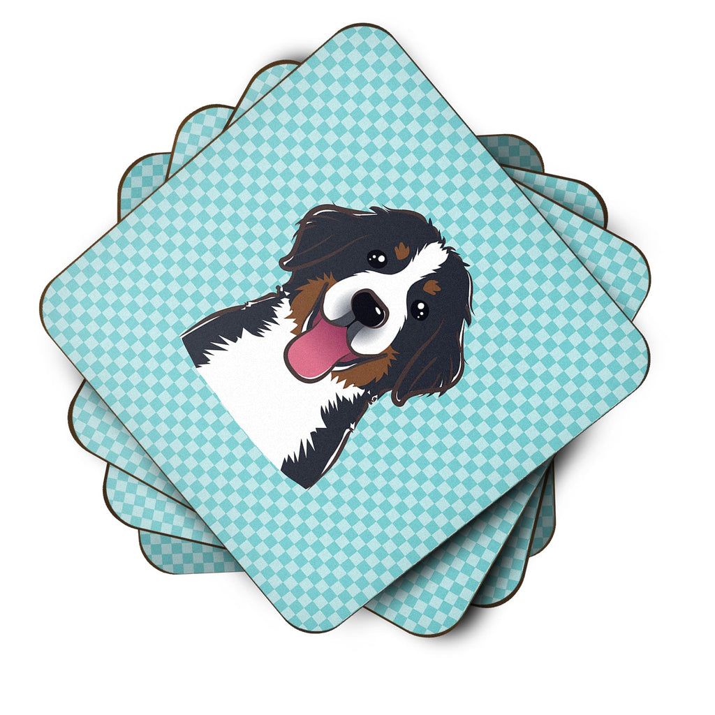 Checkerboard Blue Bernese Mountain Dog Foam Coasters Set of 4 Cup Coasters for Indoor Outdoor, Tabletop Protection, Anti Slip, Mouse pad Material