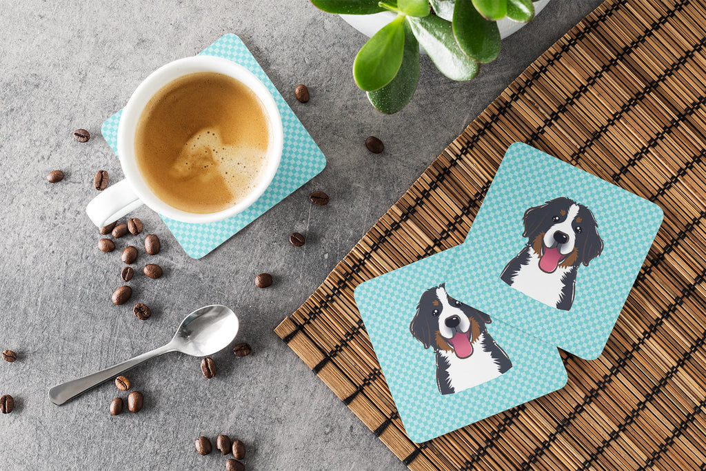 Checkerboard Blue Bernese Mountain Dog Foam Coasters Set of 4 Cup Coasters for Indoor Outdoor, Tabletop Protection, Anti Slip, Mouse pad Material