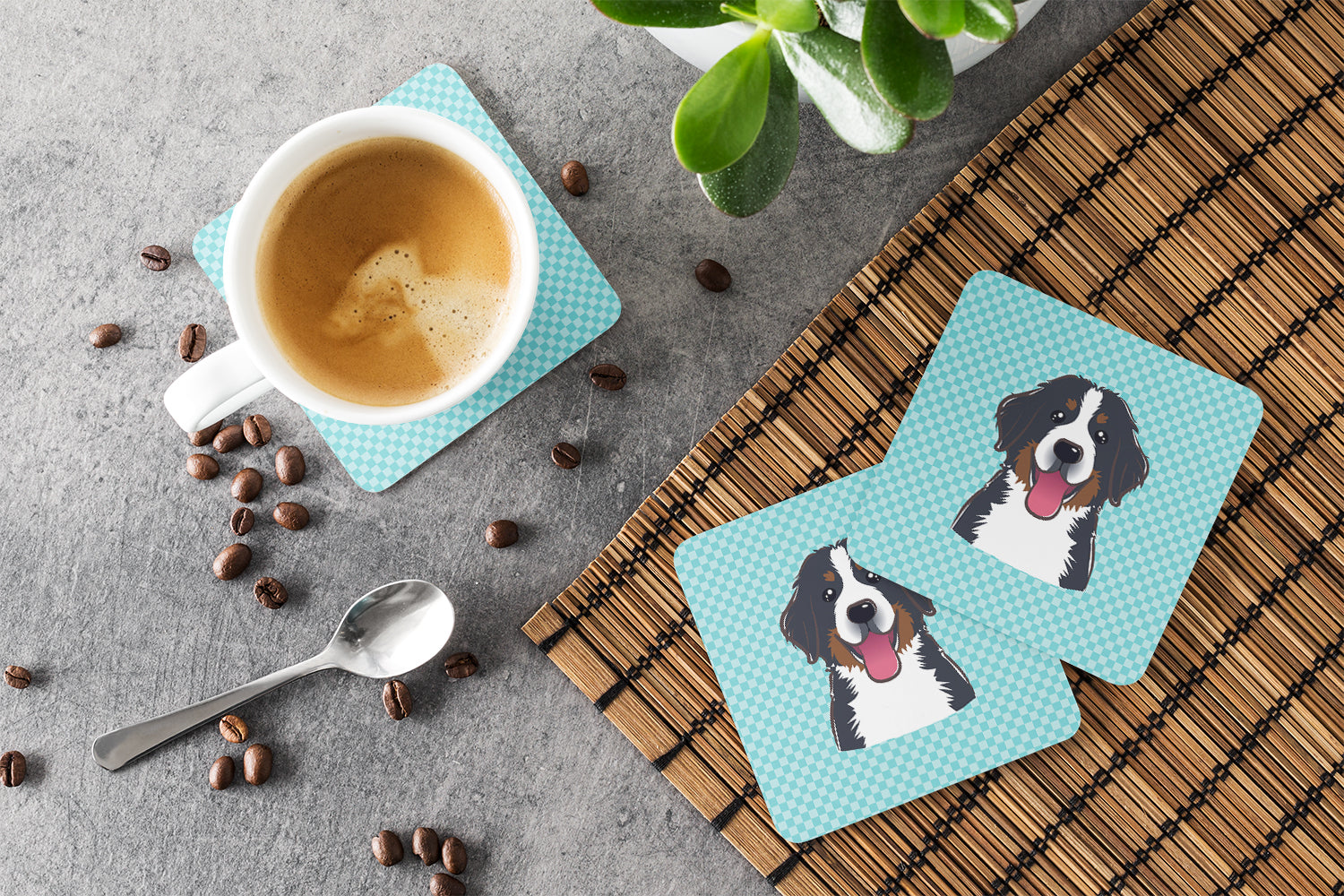 Checkerboard Blue Bernese Mountain Dog Foam Coasters Set of 4 Cup Coasters for Indoor Outdoor, Tabletop Protection, Anti Slip, Mouse pad Material