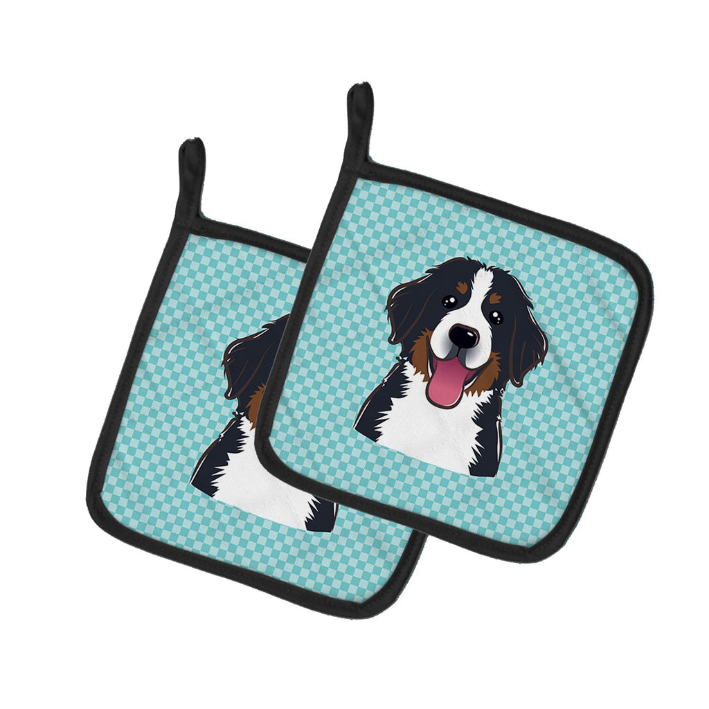 Checkerboard Blue Bernese Mountain Dog Pot Holder Set of 2 Heat Resistant Quilted Hot Pads 7.5 x 7.5 Inch, Insulated Kitchen Trivets for Cooking & Baking