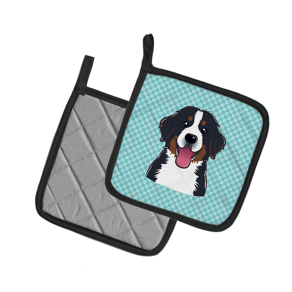 Checkerboard Blue Bernese Mountain Dog Pot Holder Set of 2 Heat Resistant Quilted Hot Pads 7.5 x 7.5 Inch, Insulated Kitchen Trivets for Cooking & Baking