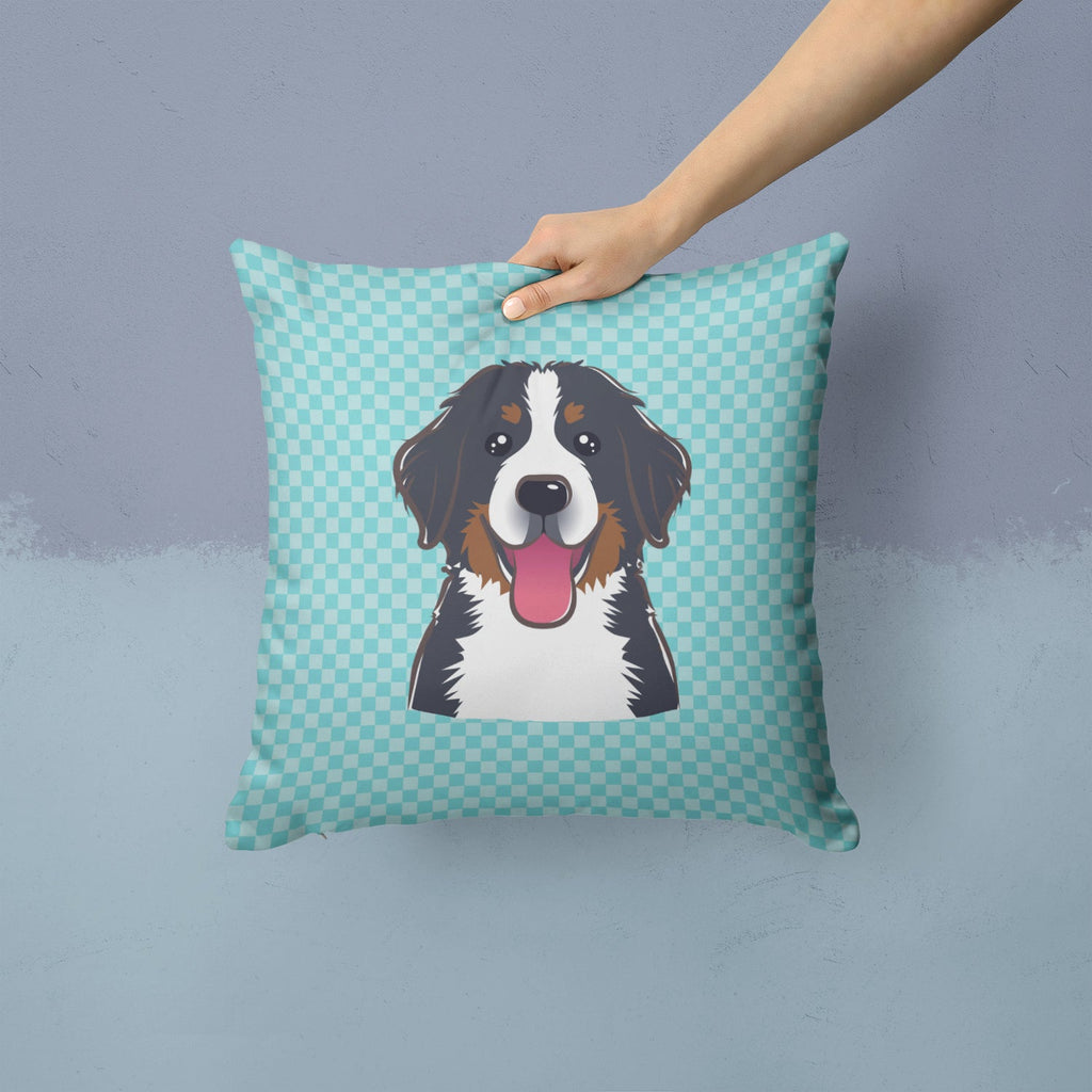 Checkerboard Blue Bernese Mountain Dog Decorative Throw Pillow 14x14 Indoor Outdoor Accent Cushion, Fabric Cover with Insert for Sofa, Bed, Porch & Living Room