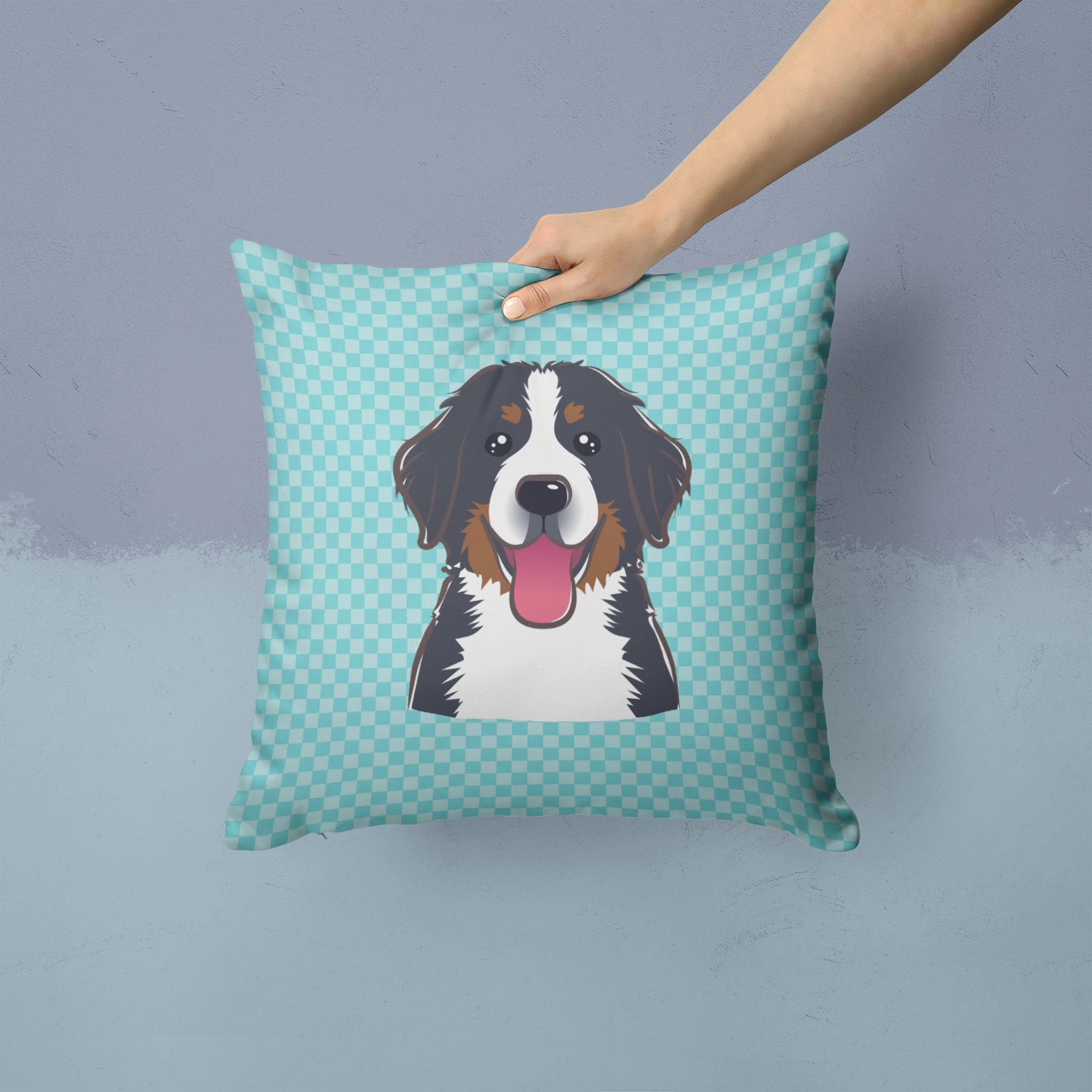 Checkerboard Blue Bernese Mountain Dog Decorative Throw Pillow 14x14 Indoor Outdoor Accent Cushion, Fabric Cover with Insert for Sofa, Bed, Porch & Living Room