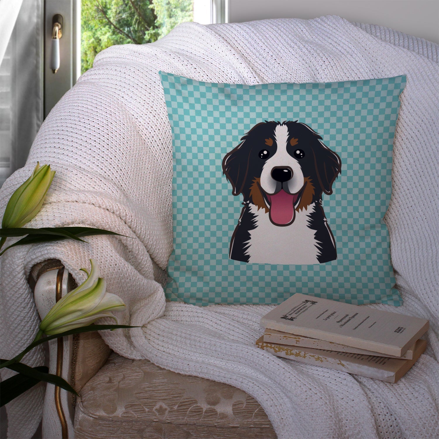 Checkerboard Blue Bernese Mountain Dog Decorative Throw Pillow 14x14 Indoor Outdoor Accent Cushion, Fabric Cover with Insert for Sofa, Bed, Porch & Living Room