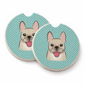 Checkerboard Blue French Bulldog Set of 2 Cup Holder Car Coasters Absorbent Round Sandstone Coasters Gifts for Men or Women, 2.5, Multicolor
