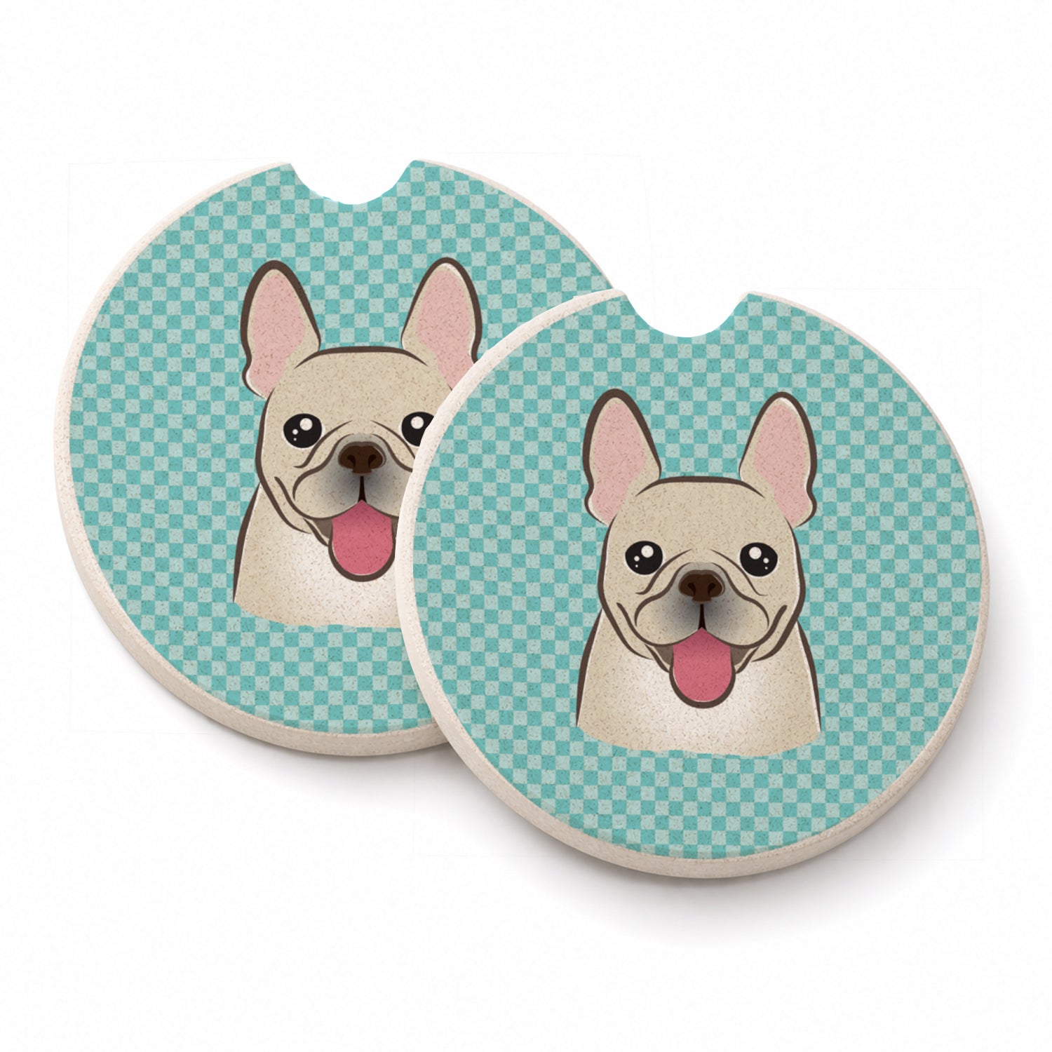 Checkerboard Blue French Bulldog Set of 2 Cup Holder Car Coasters Absorbent Round Sandstone Coasters Gifts for Men or Women, 2.5, Multicolor