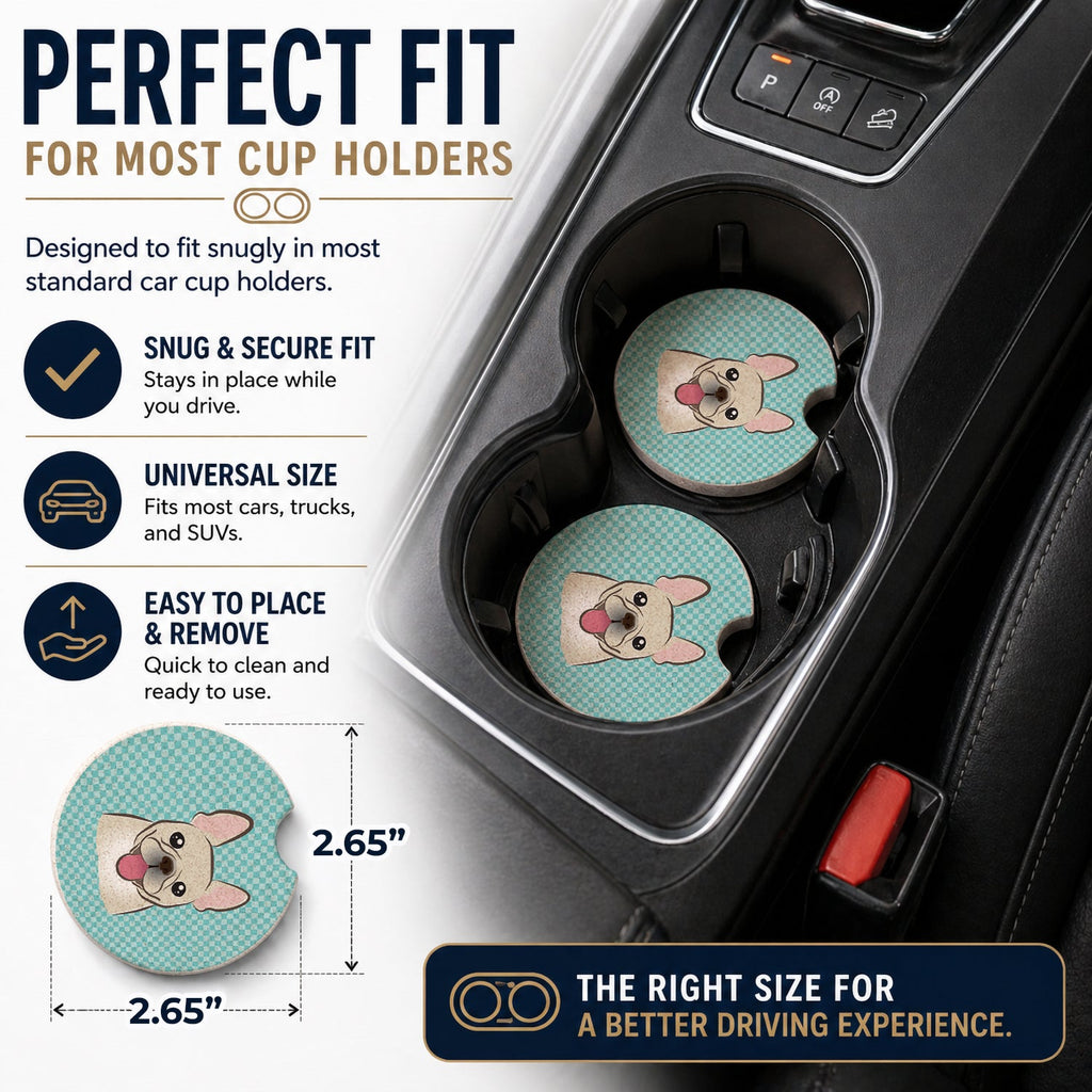 Checkerboard Blue French Bulldog Set of 2 Cup Holder Car Coasters Absorbent Round Sandstone Coasters Gifts for Men or Women, 2.5, Multicolor